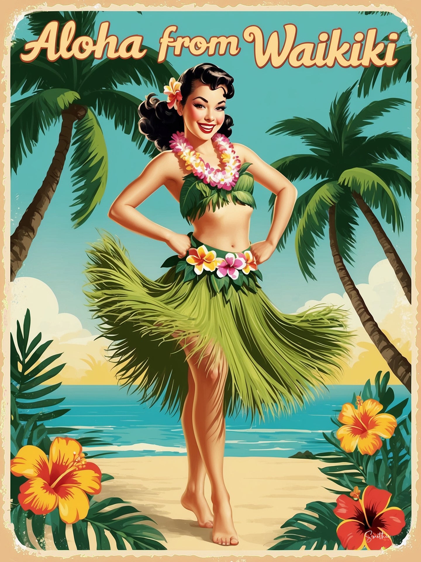 Waikiki Hula Girl Retro Art